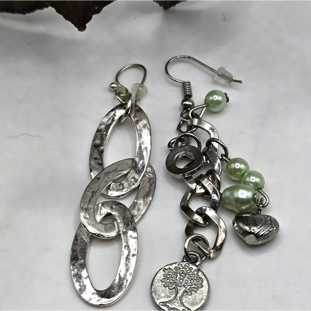 "5/$25" Mismatched Silvertone Beaded Tree of Life/Circle Dangle Earrings - Picture 3 of 8
